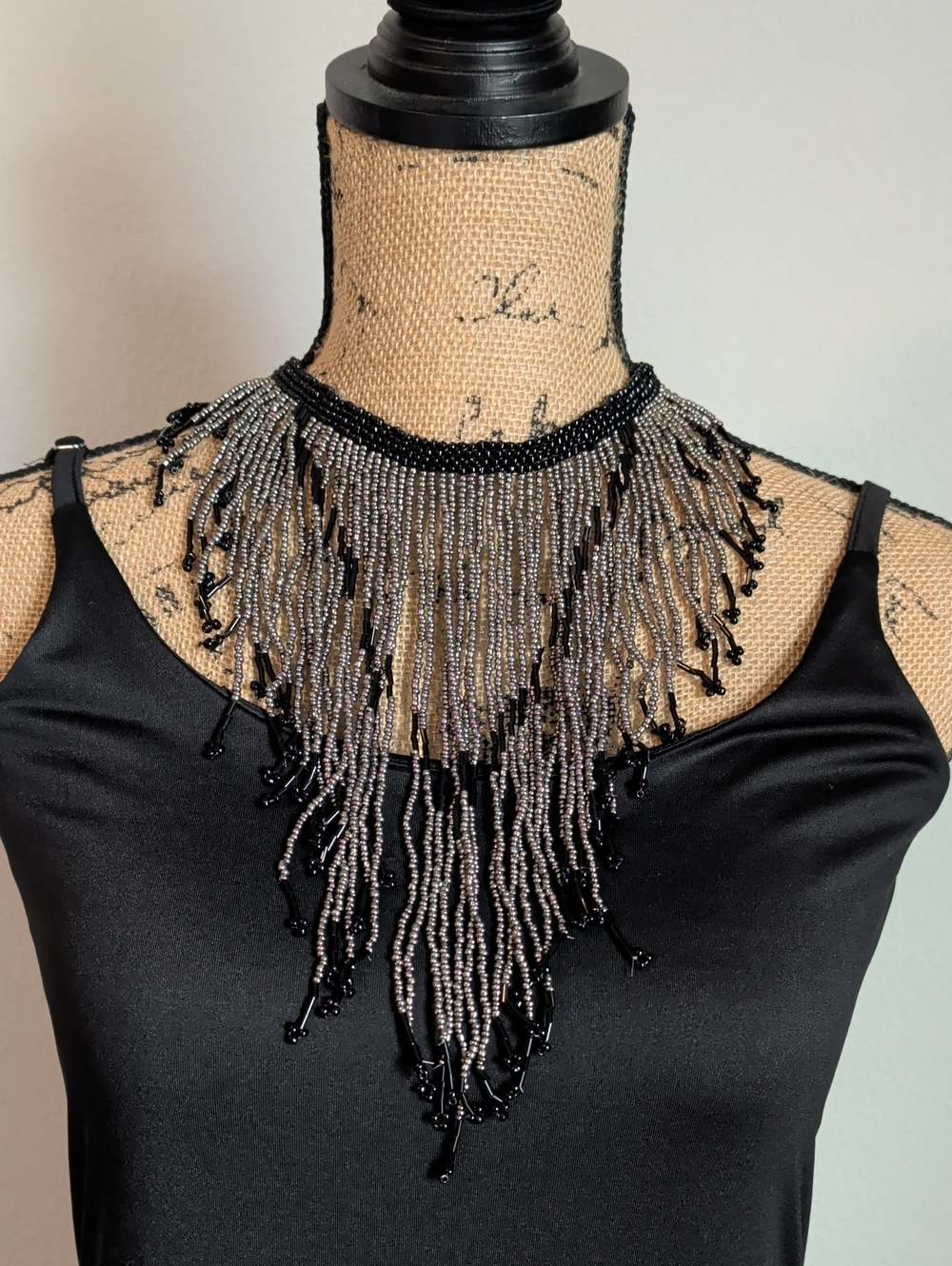 Handcrafted Mexican Seed Bead Bib Necklace - Matte Silver & Black